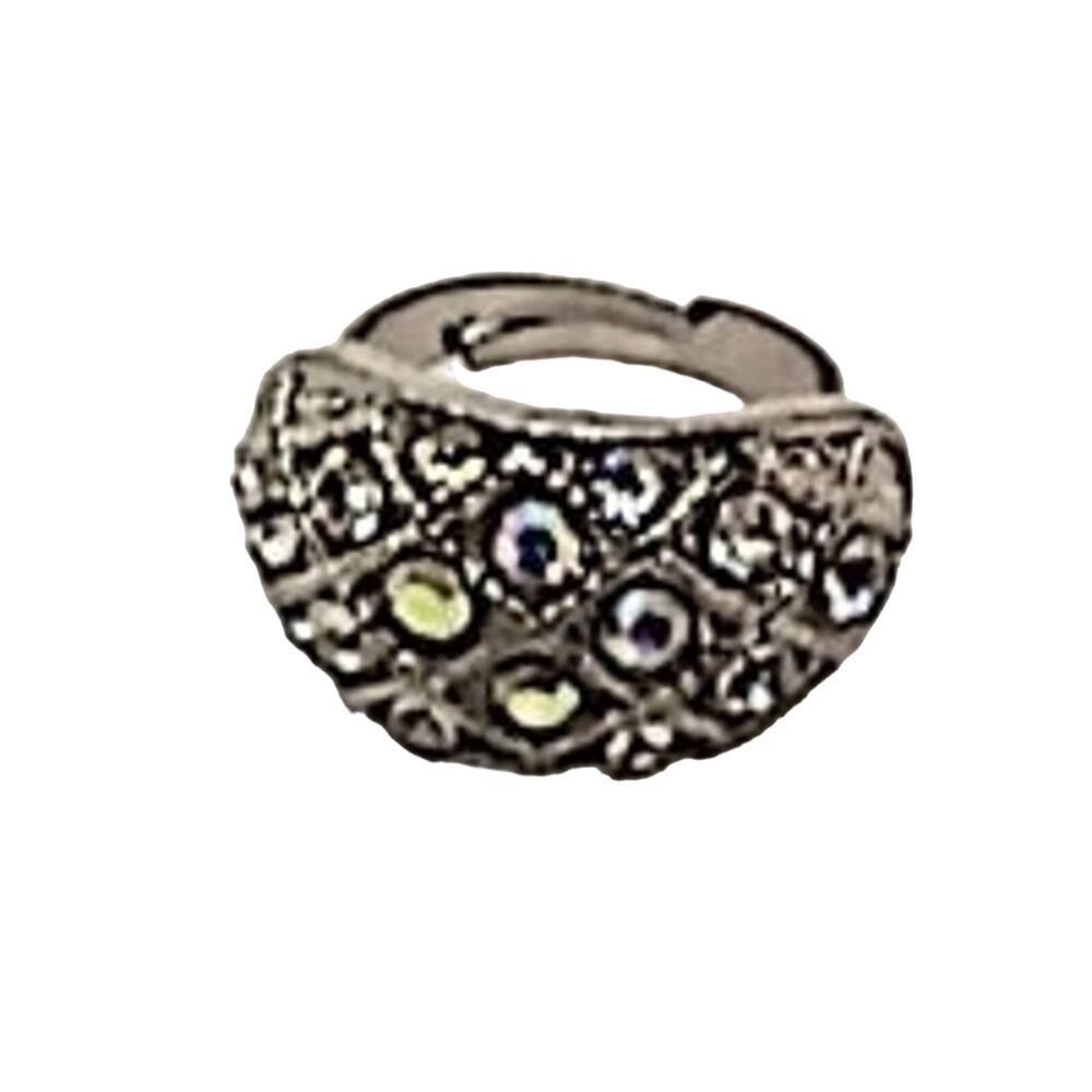 Adjustable statement ring clear & AB rhinestones silver tone
